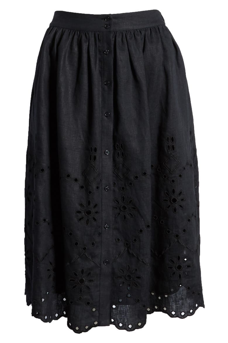 Eyelet Linen A-Line Skirt, Alternate, color, BLACK