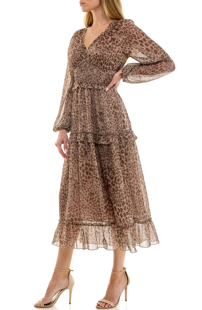 Socialite Long Sleeve Ruffle Chiffon Midi Dress, Alternate, color, Taupe/ Brown