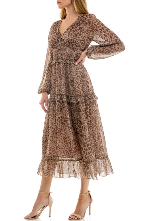 Socialite Long Sleeve Ruffle Chiffon Midi Dress In Brown