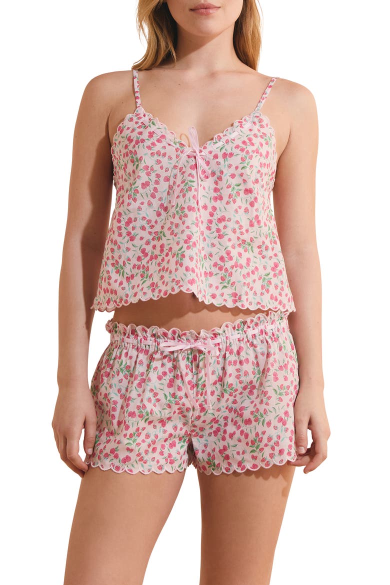 Feuilline Strawberry Print Cotton Camisole, Main, color, IMP FOND ROSE