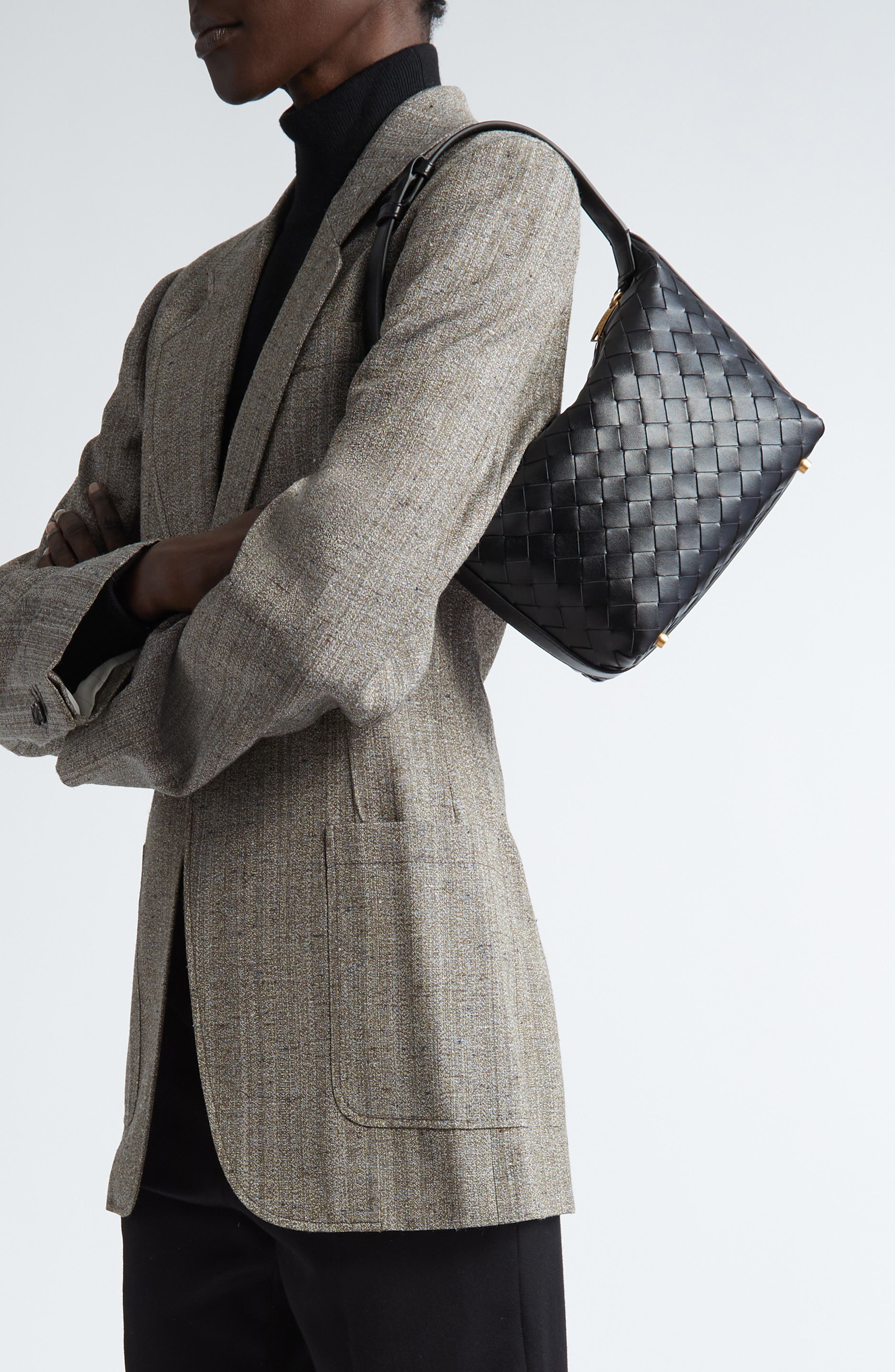 Bottega Veneta Mini Wallace Intrecciato Leather Shoulder Bag, Alternate, color, Black/ Gold