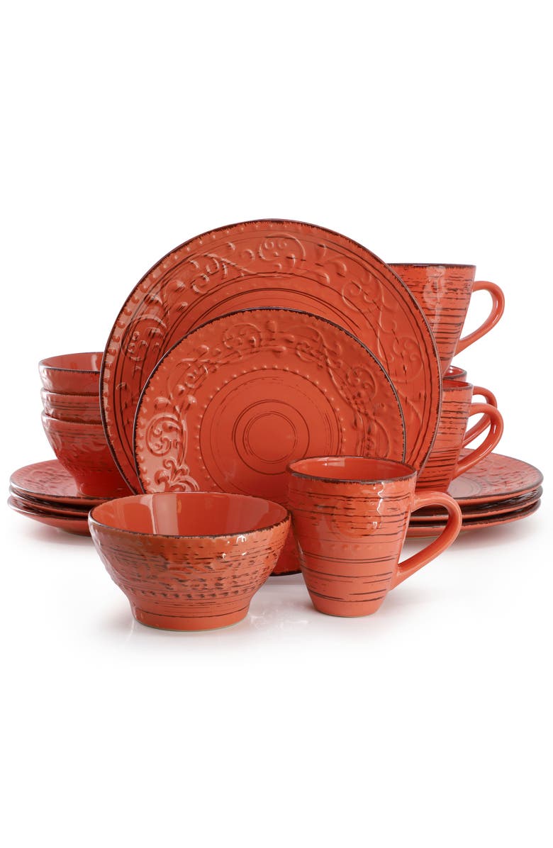 Elama Malibu Jasper 16-Piece Stoneware Dinnerware Set, Main, color, Orange