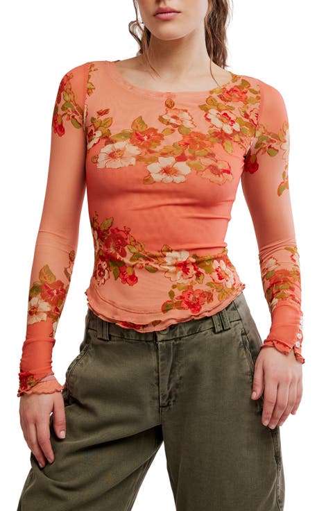 Lilly Print Long Sleeve Mesh Top