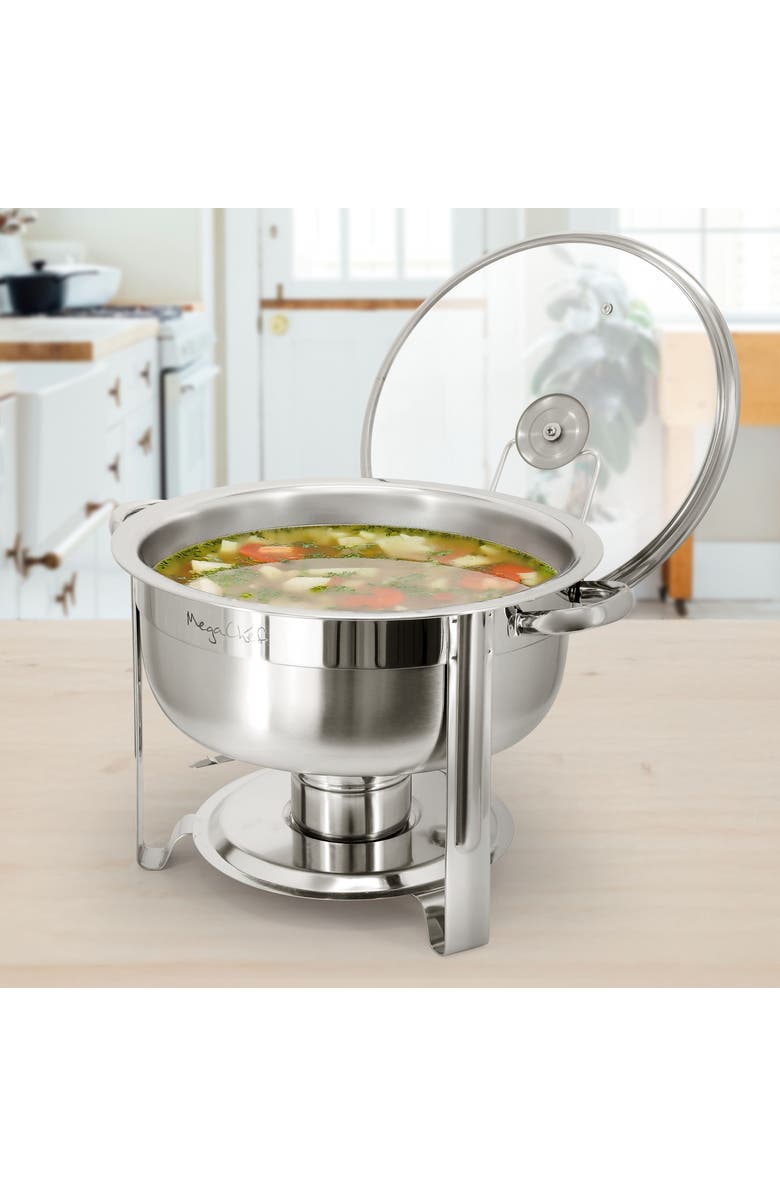 Megachef 7.9 Quart Round Stainless Steel Professional Chafing Dish/Food Warmer/Buffet Server Serving Trays, Alternate, color, Silver