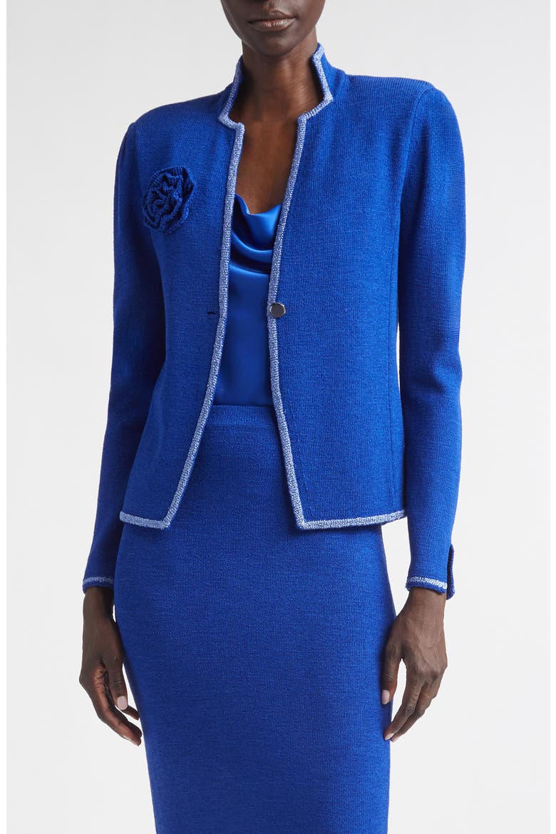 Betsey Rosette Embellished Legacy Crepe Knit Jacket, Main, color, COBALT/ SOFT BLUE MULTI