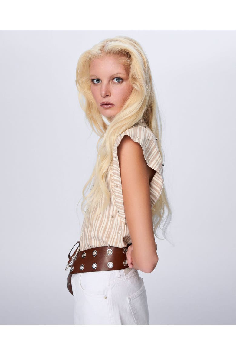 Astraea Stripe Embellished Sleeveless Shirt, Alternate, color, Sand / Silver