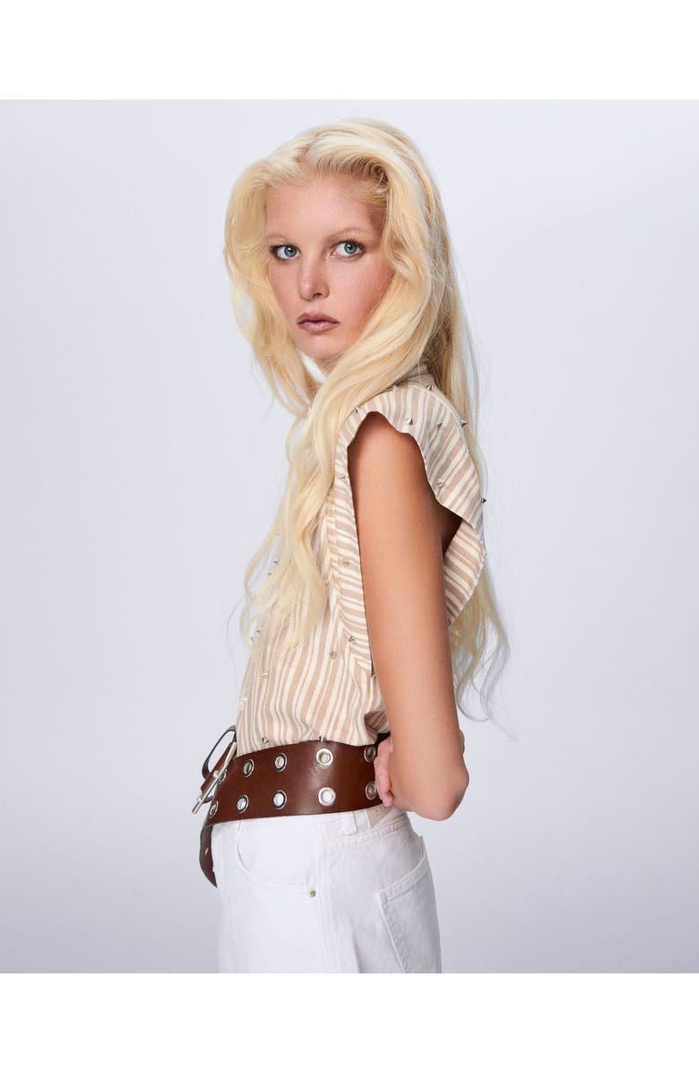 THEO The Label Astraea Stripe Embellished Sleeveless Shirt, Alternate, color, Sand / Silver