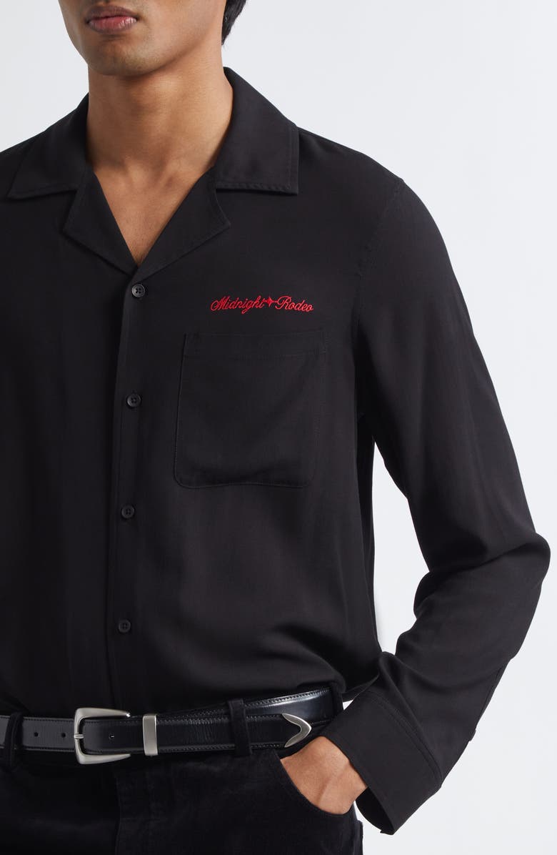MIDNIGHT RODEO Logo Embroidered Crepe Camp Shirt, Alternate, color, Black