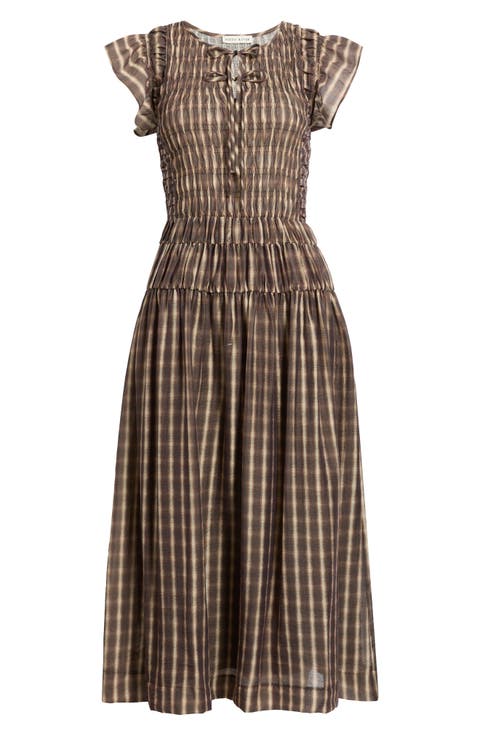 Smocked Tie Front Midi Dress