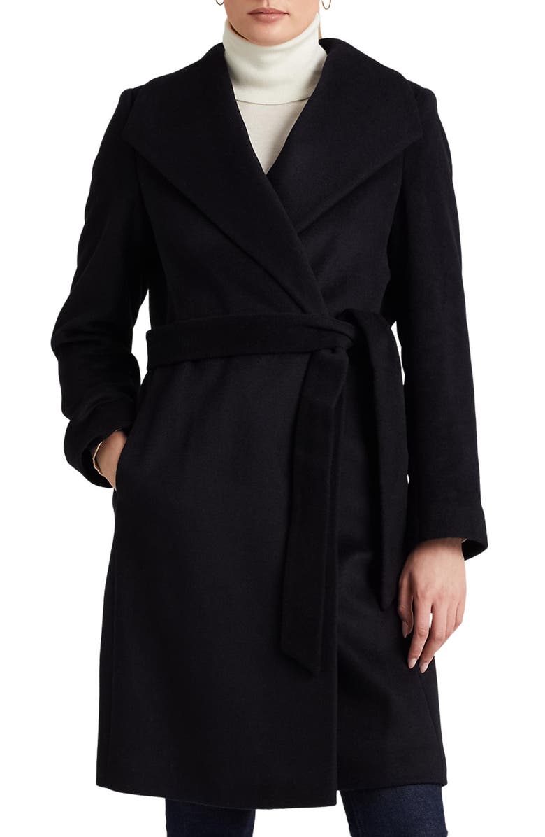 Lauren Ralph Lauren Belted Wool Blend Wrap Coat, Main, color, Regal Navy