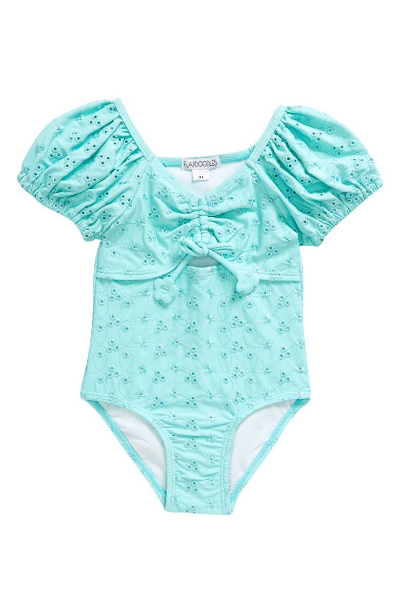 Flapdoodles Kids' Eyelet Puff Sleeve One-Piece Swimsuit, Main, color, 