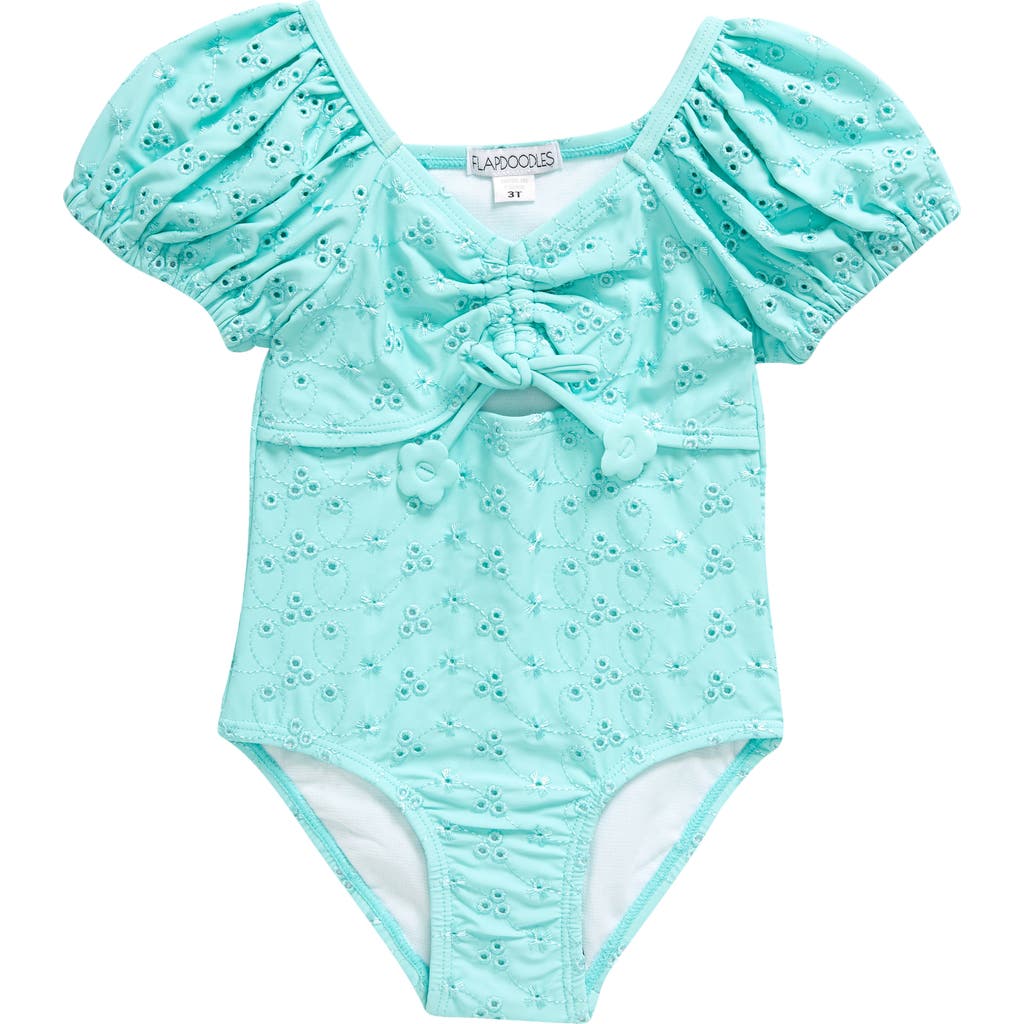 Shop Flapdoodles Kids' Eyelet Puff Sleeve One-piece Swimsuit In Light Turquoise