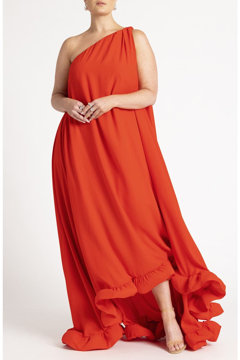 Dramatic One Shoulder Ruffle Gown, Main, color, CHERRY TOMATO