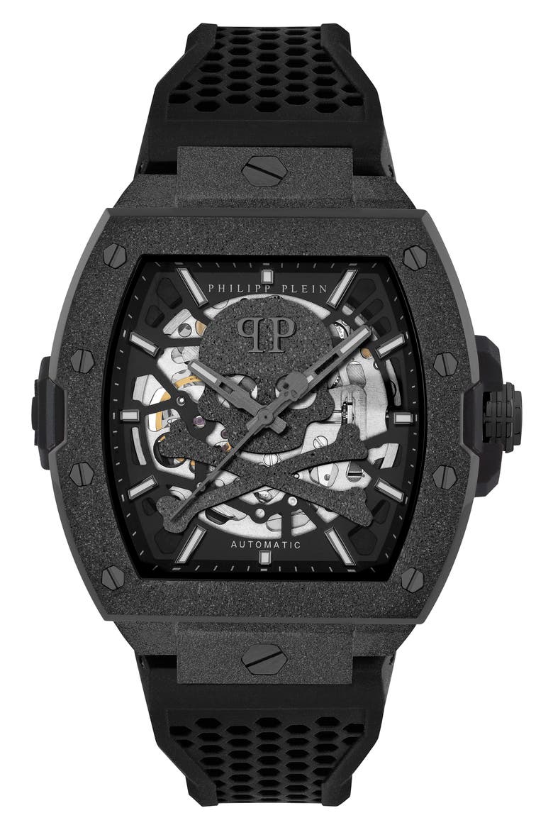 The $keleton Frosted Silicone Strap Watch, 44mm, Main, color, IP BLACK