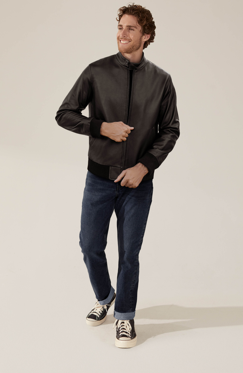 Italic Chase Lambskin Leather Bomber Jacket, Alternate, color, Black