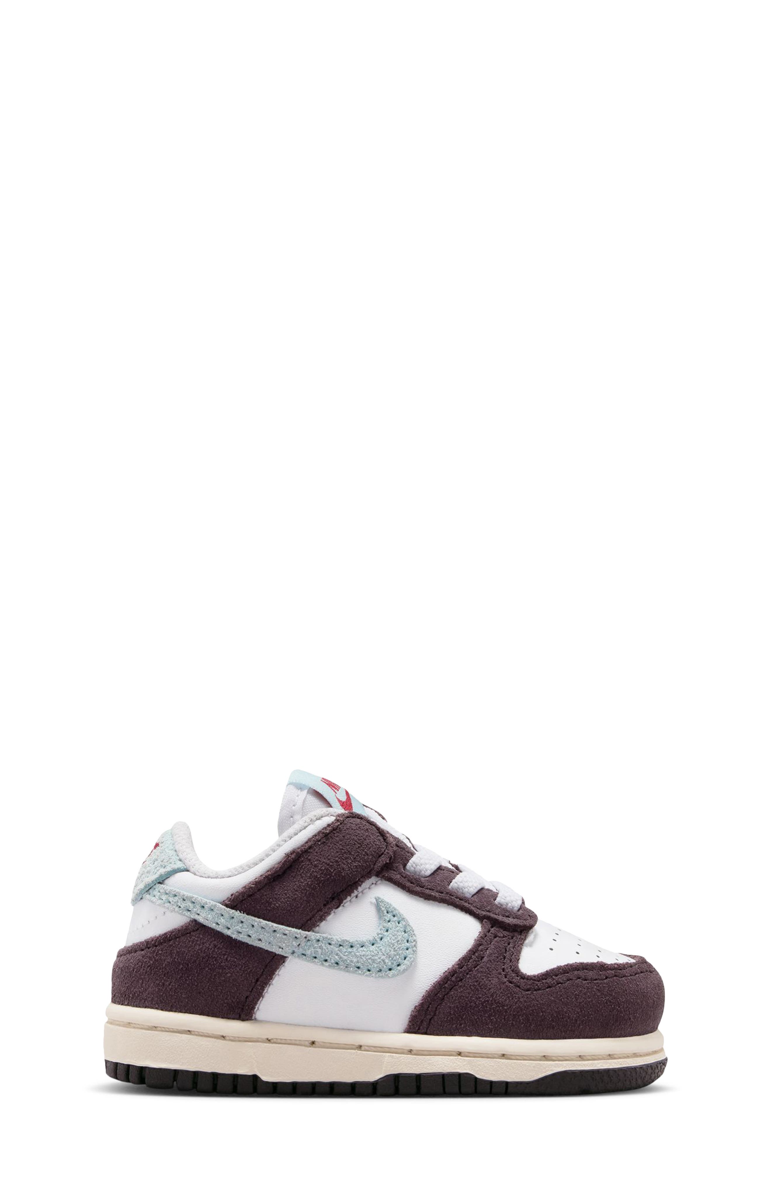 Kids' Dunk Low Basketball Sneaker, Alternate, color, WHITE/ BURGUNDY/ GLACIER BLUE