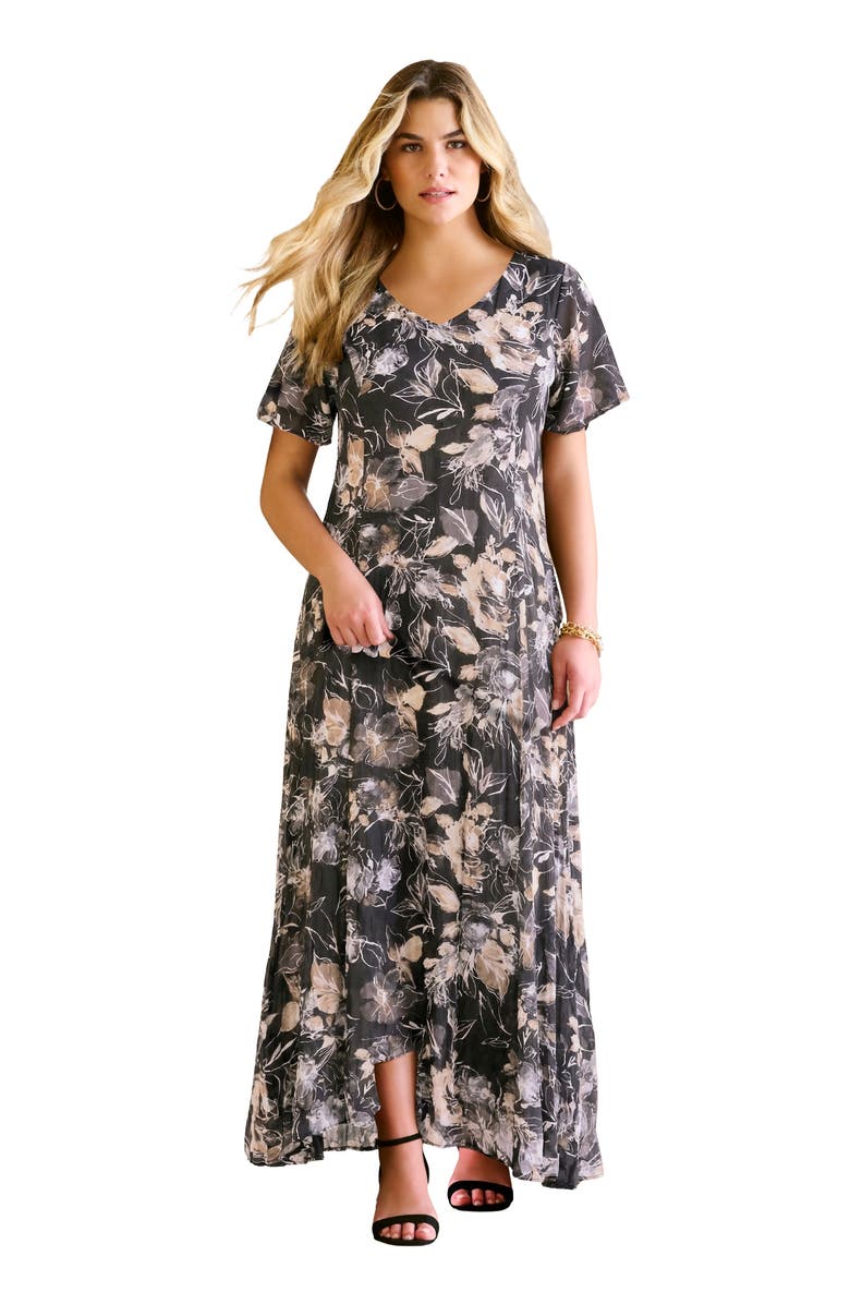 Roaman's Plus Size Hand Crinkled Flutter-Sleeve Maxi Dress, Main, color, Black Painterly Rose