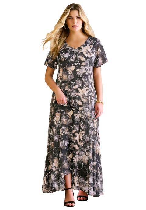 Plus Size Hand Crinkled Flutter-Sleeve Maxi Dress (Plus)
