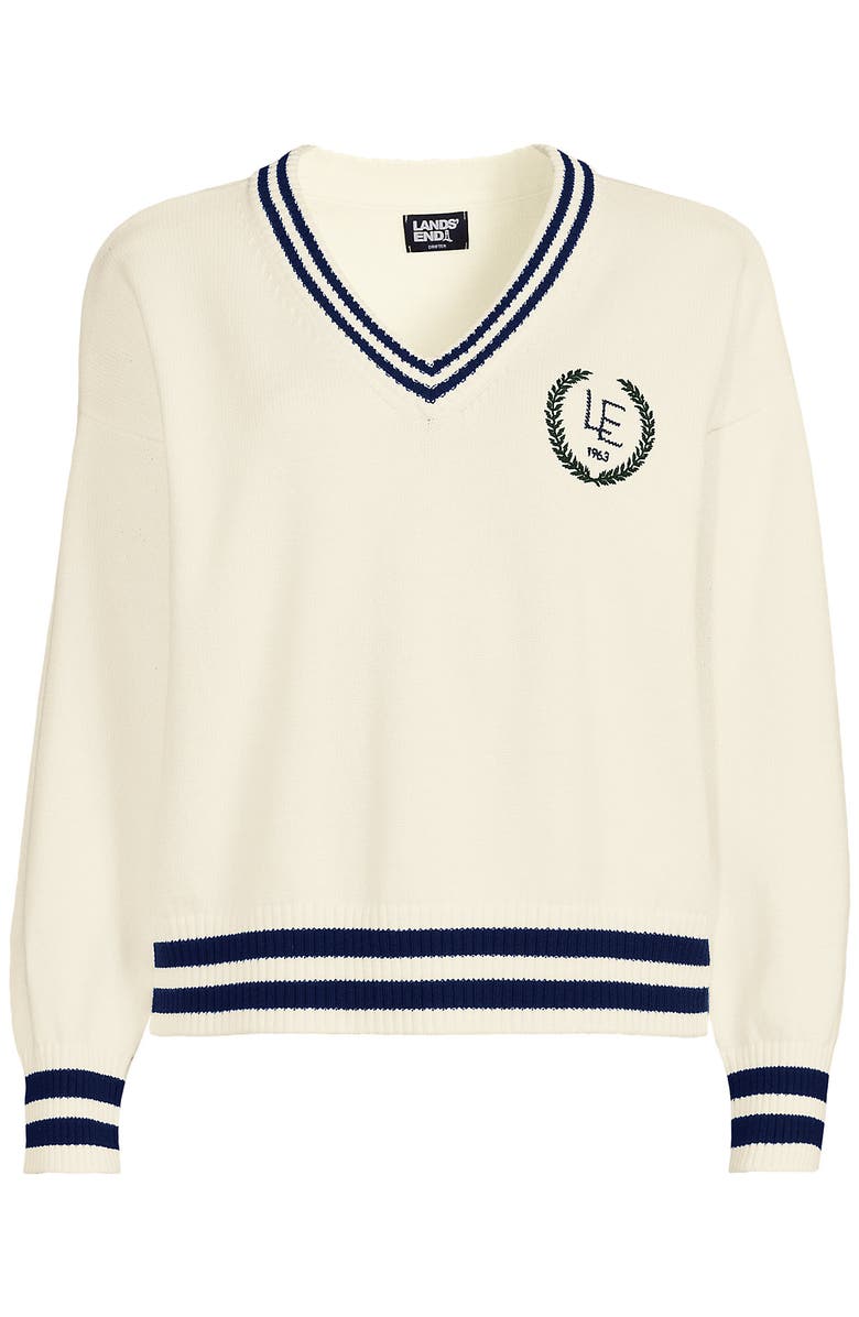 Lands' End Cotton Drifter Shaker V-neck Sweater, Alternate, color, Fresh Ivory Navy Tipping