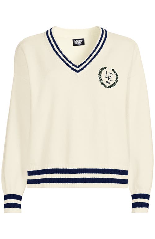 Lands' End Cotton Drifter Shaker V-neck Sweater In Fresh Ivory Navy Tipping