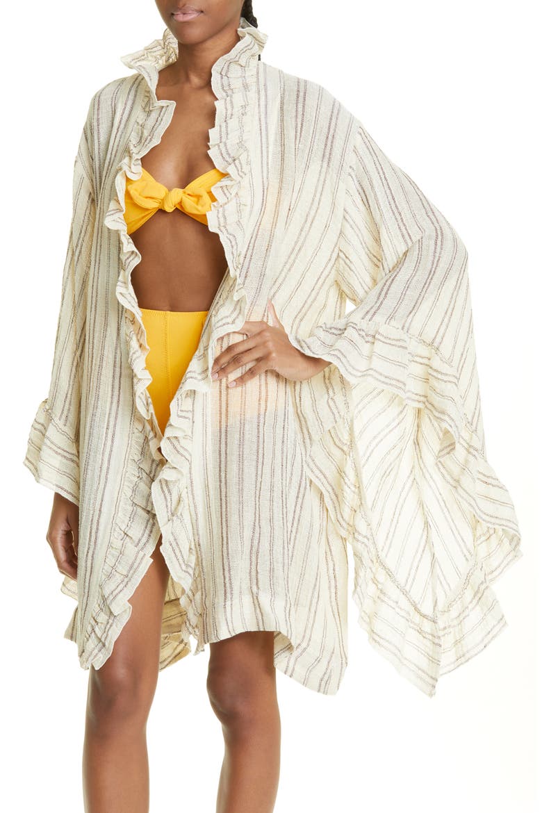Anita Ruffle Linen Blend Cover-Up Robe, Alternate, color, NATURAL BROWN STRIPED