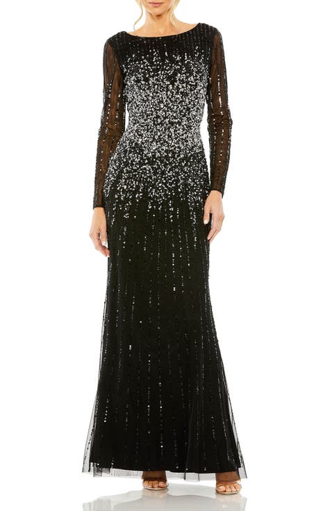 High Neck Sequin Embellished Long Sleeve A Line Gown