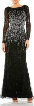 Mac Duggal High Neck Sequin Embellished Long Sleeve A Line Gown