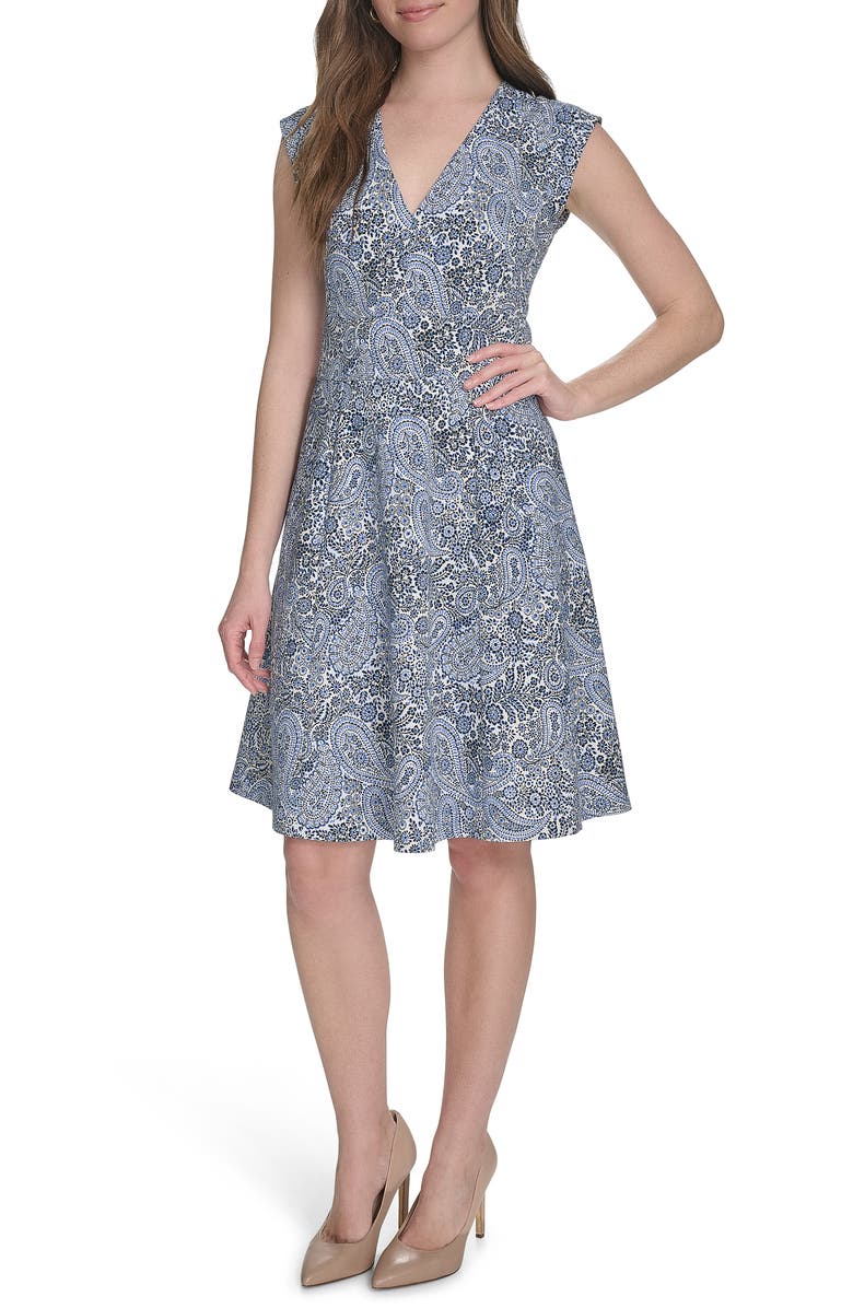 Tommy Hilfiger Hopsack Cap Sleeve Fit & Flare Dress, Main, color, Ivory/ French Blue