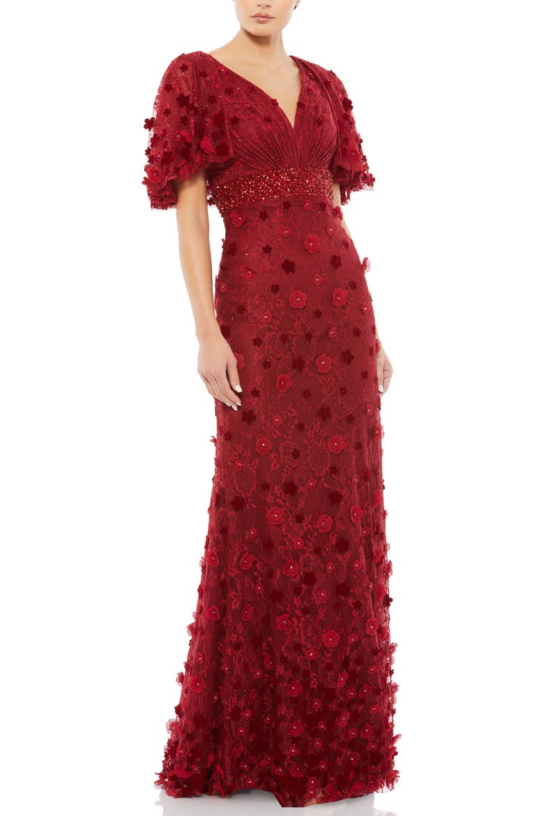 Floral Appliqué Flutter Sleeve Lace Gown, Main, color, BURGUNDY