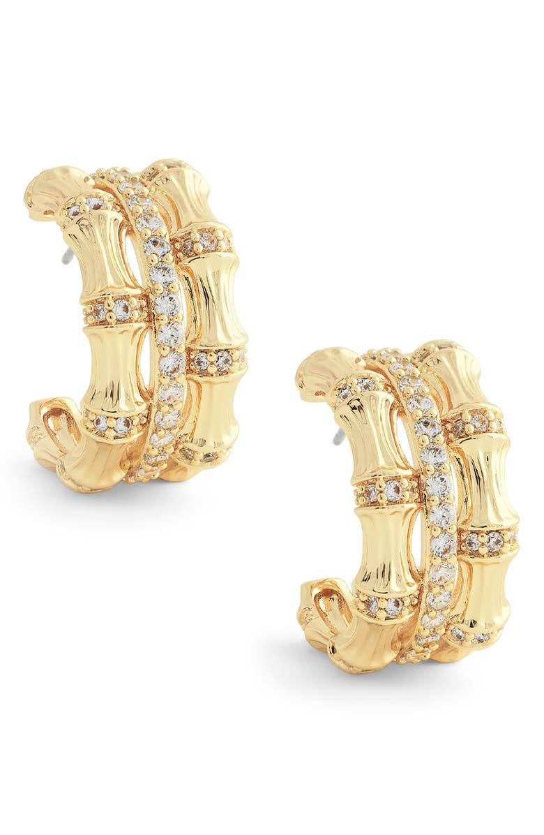 Anabel Aram Jewelry Bamboo Stacked Huggie Hoop Earrings, Main, color, 18K Gold/ White Cz Stone