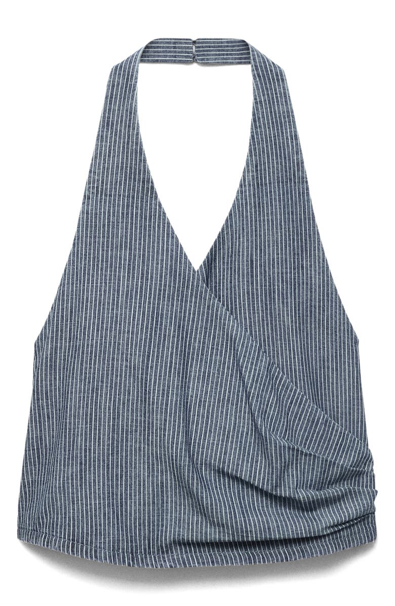 MANGO Stripe Crossover Crop Halter Top, Alternate, color, Blue