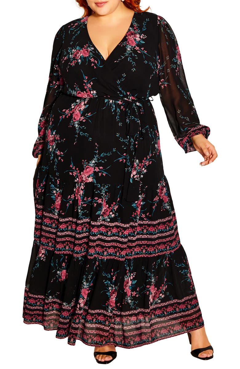 City Chic Pippa Floral Long Sleeve V-Neck Maxi Dress, Main, color, 
