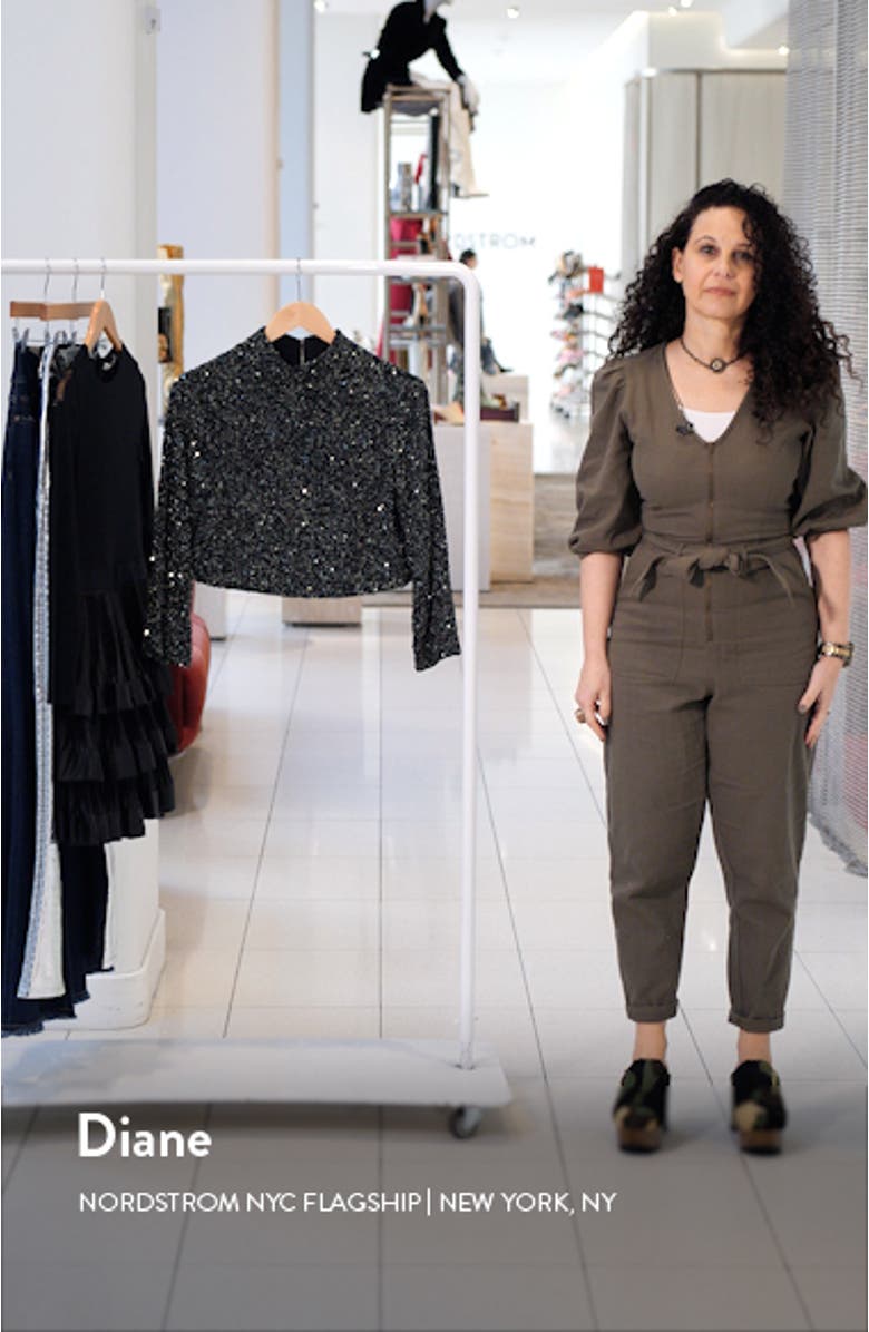 Moonage Dream Sequin Mock Neck Silk Crop Top, sales video thumbnail