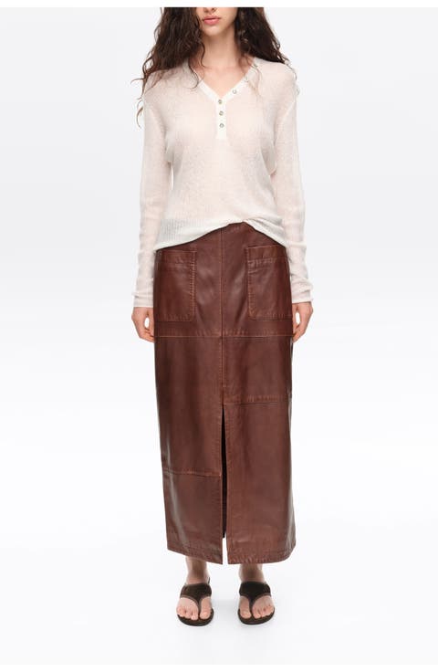 Washed Leather A-Line Midi Skirt
