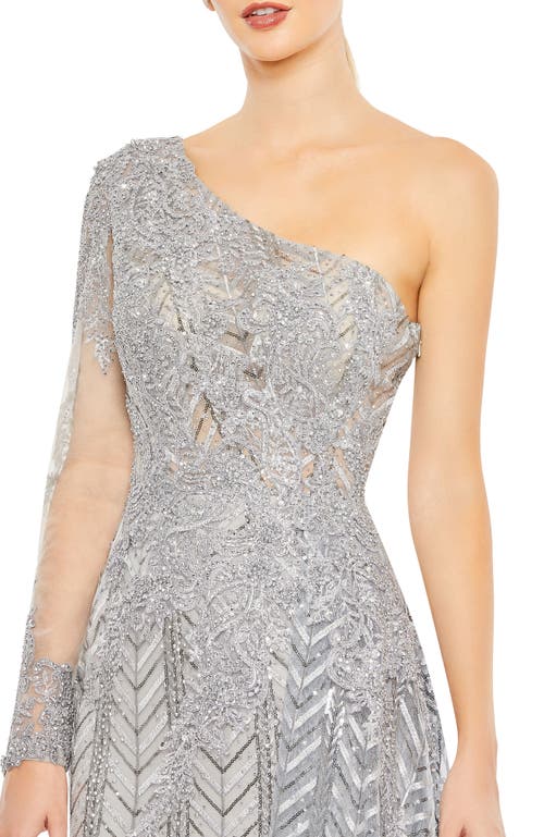Mac Duggal One-shoulder Hand-beaded Mesh Dress In Silver