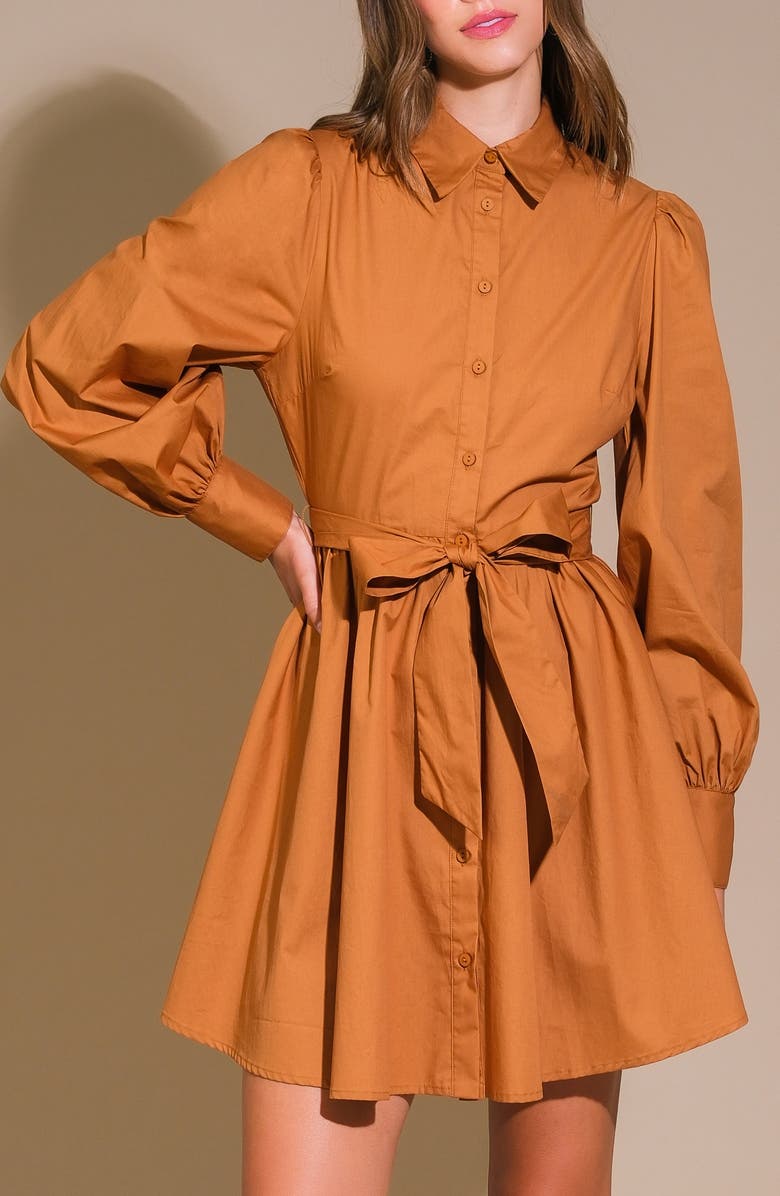 FLYING TOMATO Solid Mini Shirtdress, Alternate, color, Caramel