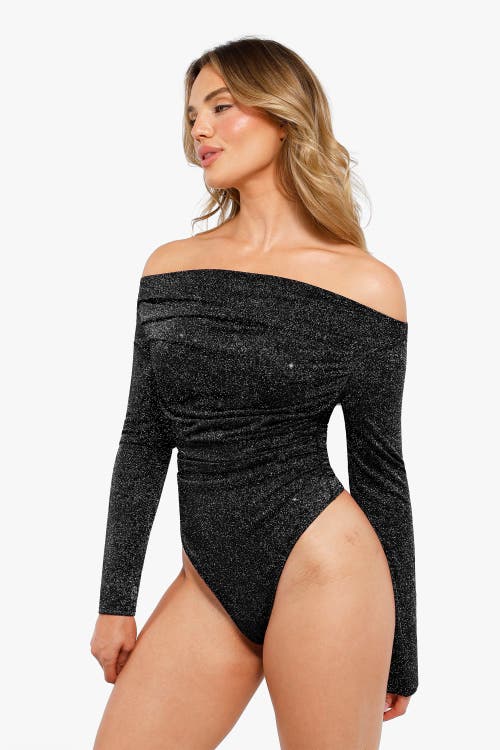 Popilush Shapewear Metallic Knit Long Sleeve Slimming Bodysuit In Jet Black