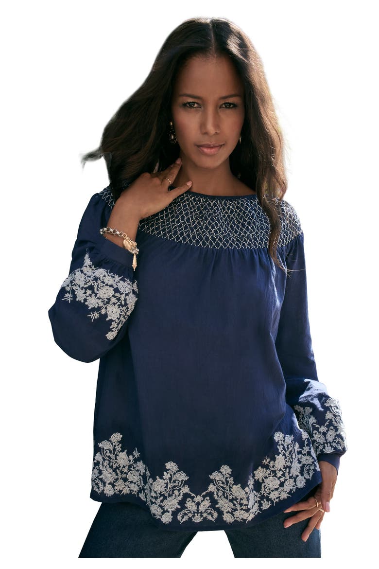 Embroidered Smocked Blouse, Main, color, NAVY PAISLEY EMBROIDERY