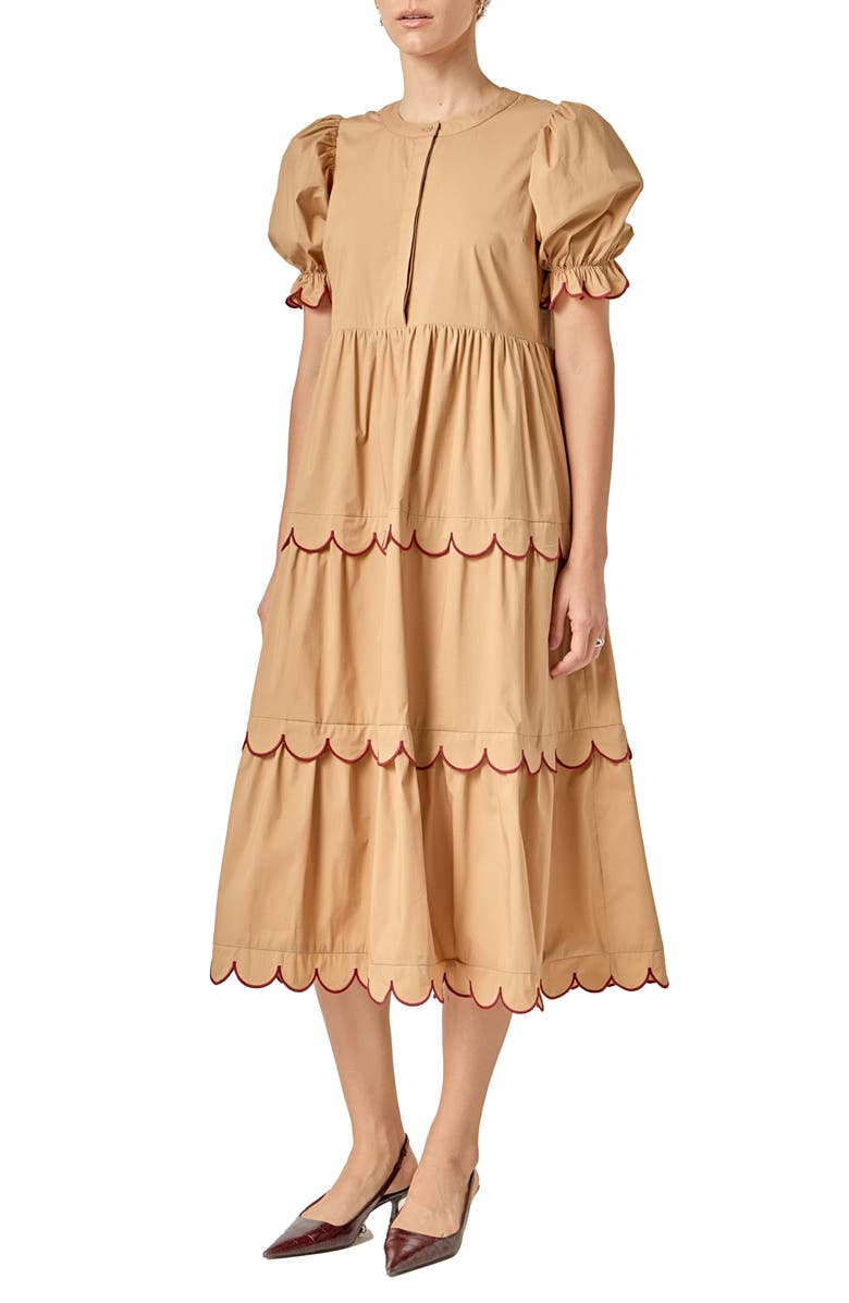 English Factory Contrast Scalloped Trim Cotton Midi Dress, Alternate, color, Tan/ Burgundy