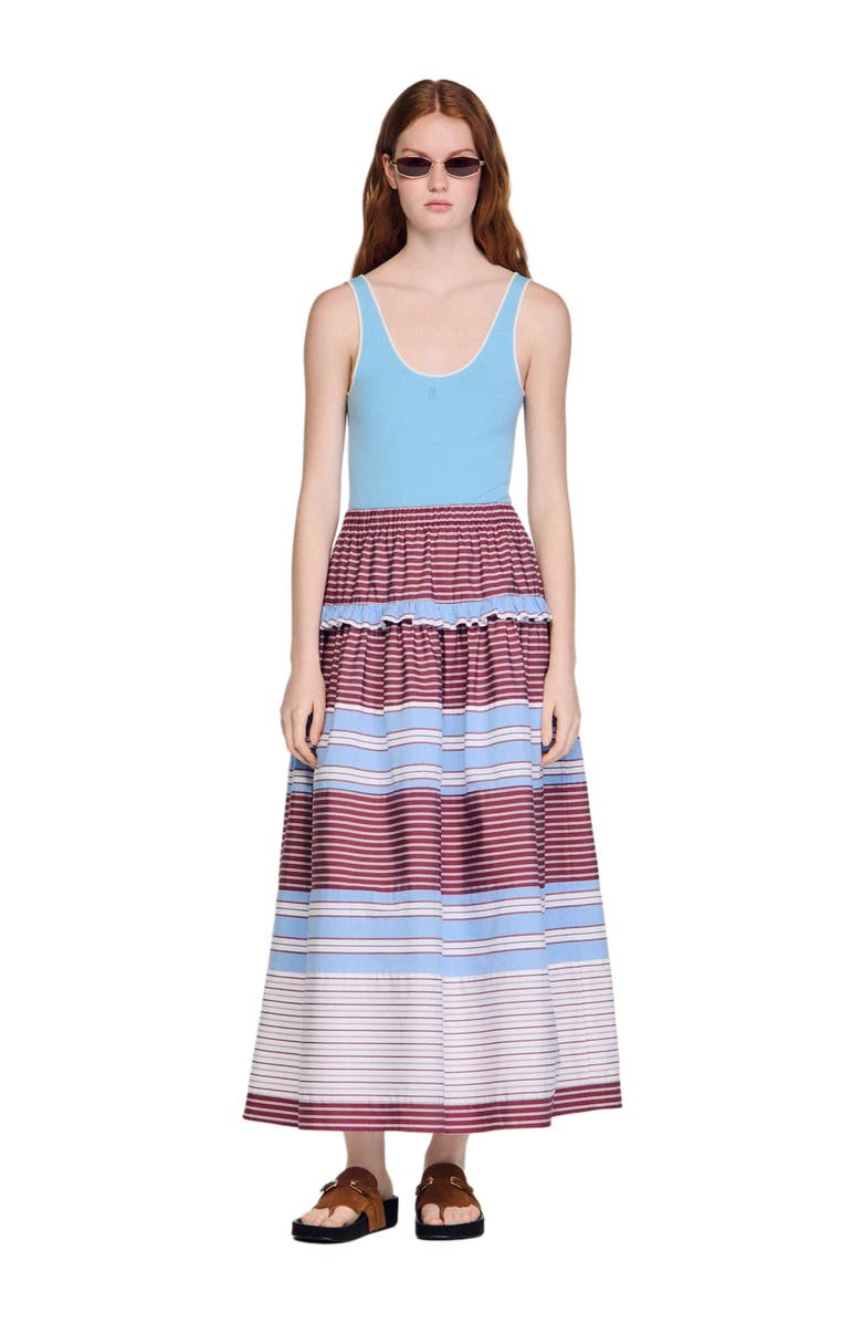 SANDRO Long striped cotton skirt, Alternate, color, Burgundy / White