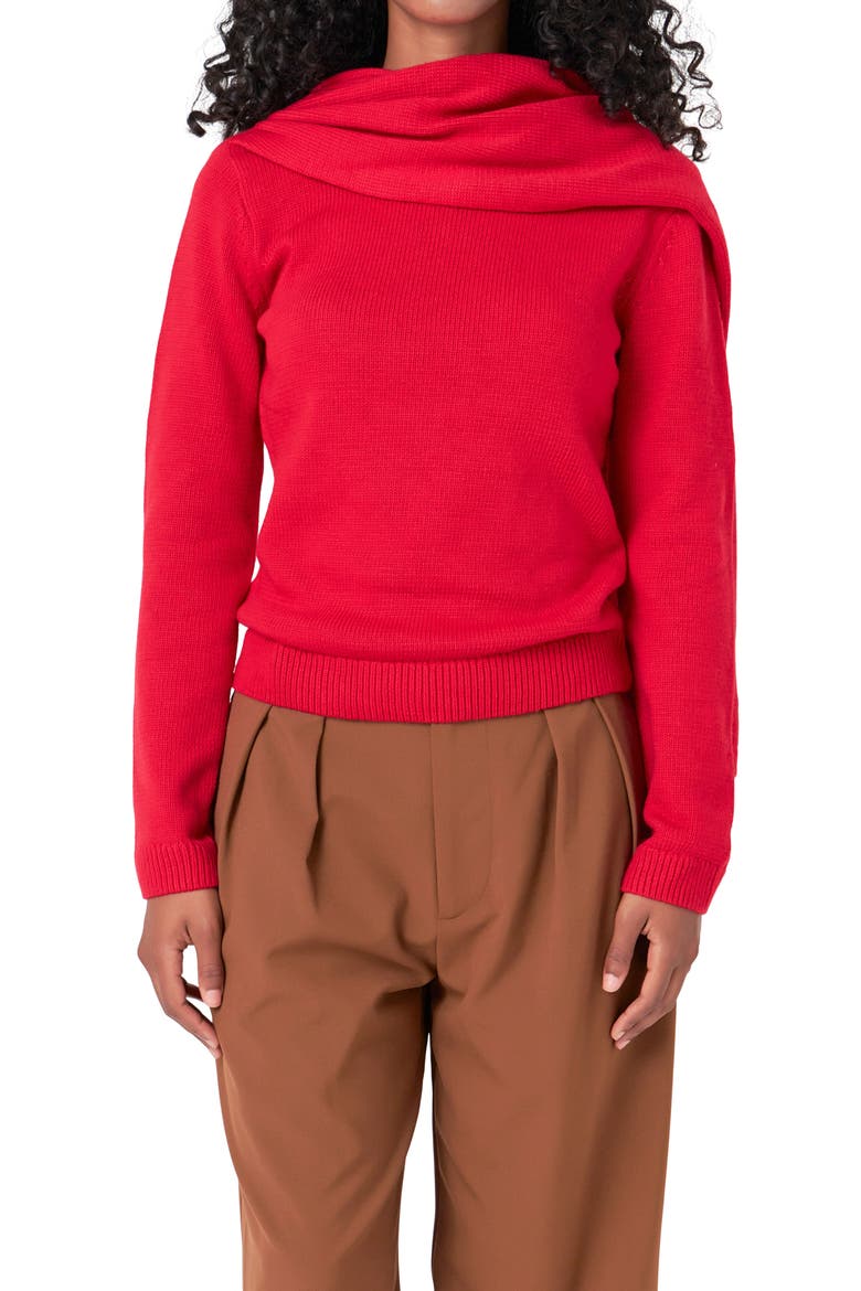 Scarf Detail Crewneck Sweater, Alternate, color, RED