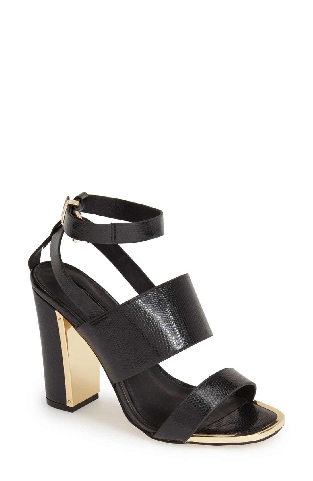 'Riot' Lizard Embossed Ankle Strap Sandals, Main, color, BLACK