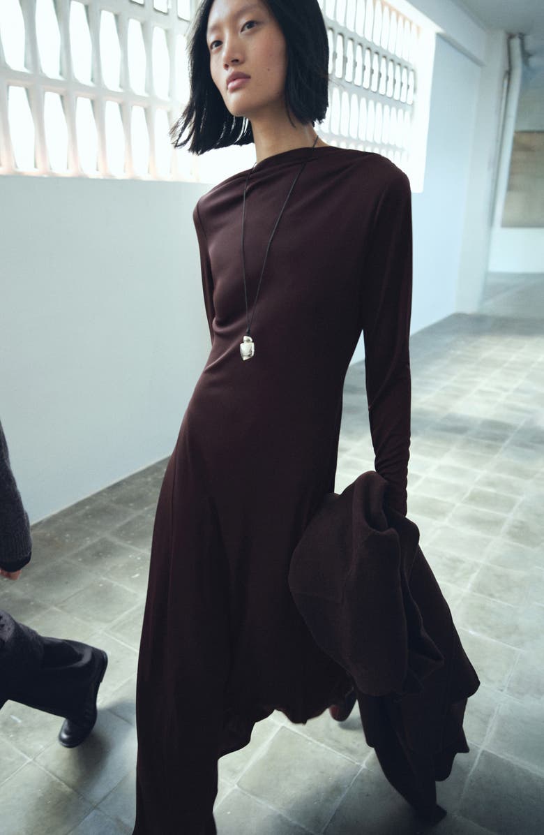 MANGO Asymmetric Neck Long Sleeve Midi Dress, Alternate, color, Brown