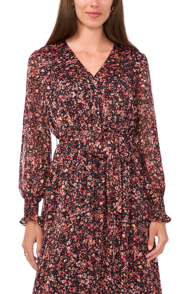 Vince Camuto Metallic Stripe Floral Long Sleeve Maxi Dress, Alternate, color, Rich Black