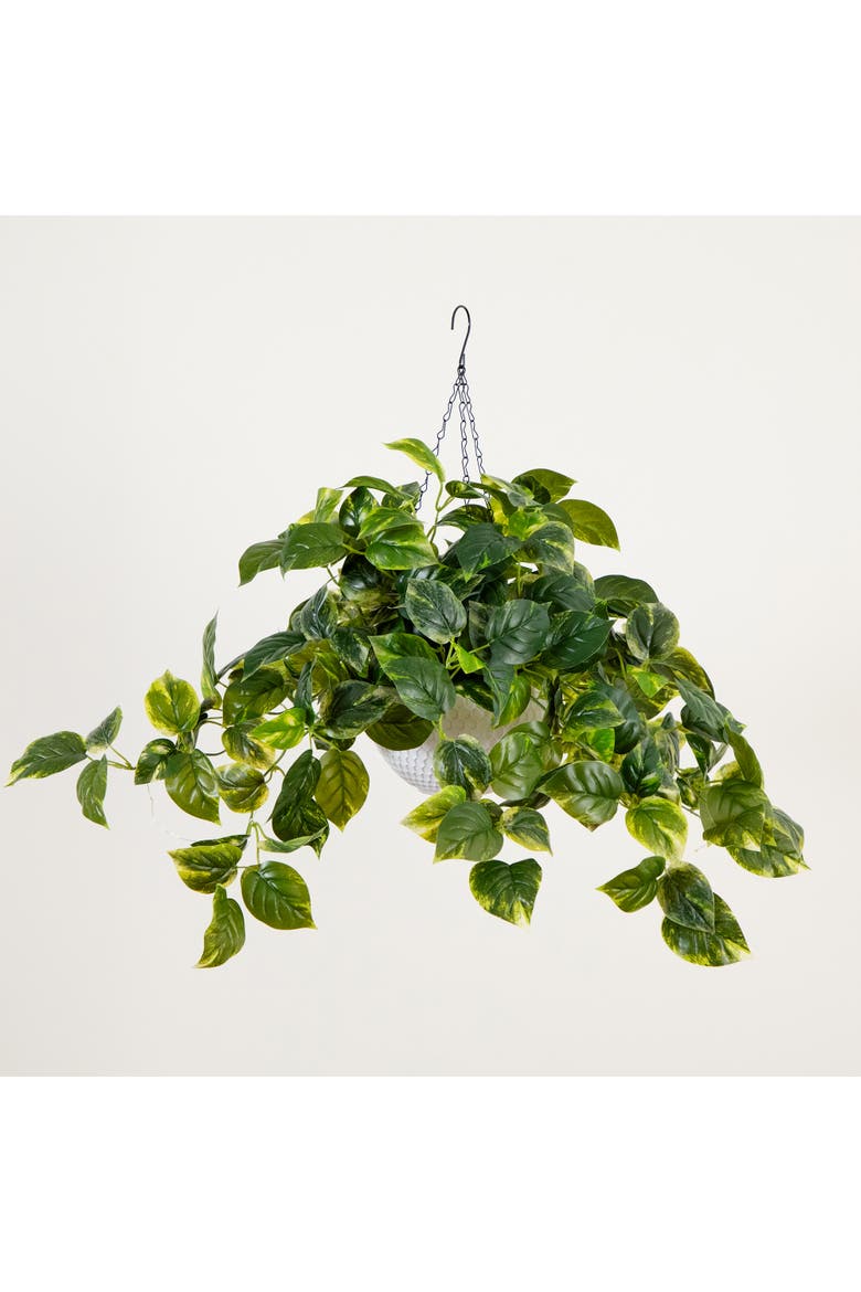 24-inUV Resistant Artificial Pothos with 50 Warm White LED Lights in White Hanging Basket, Alternate, color, Green