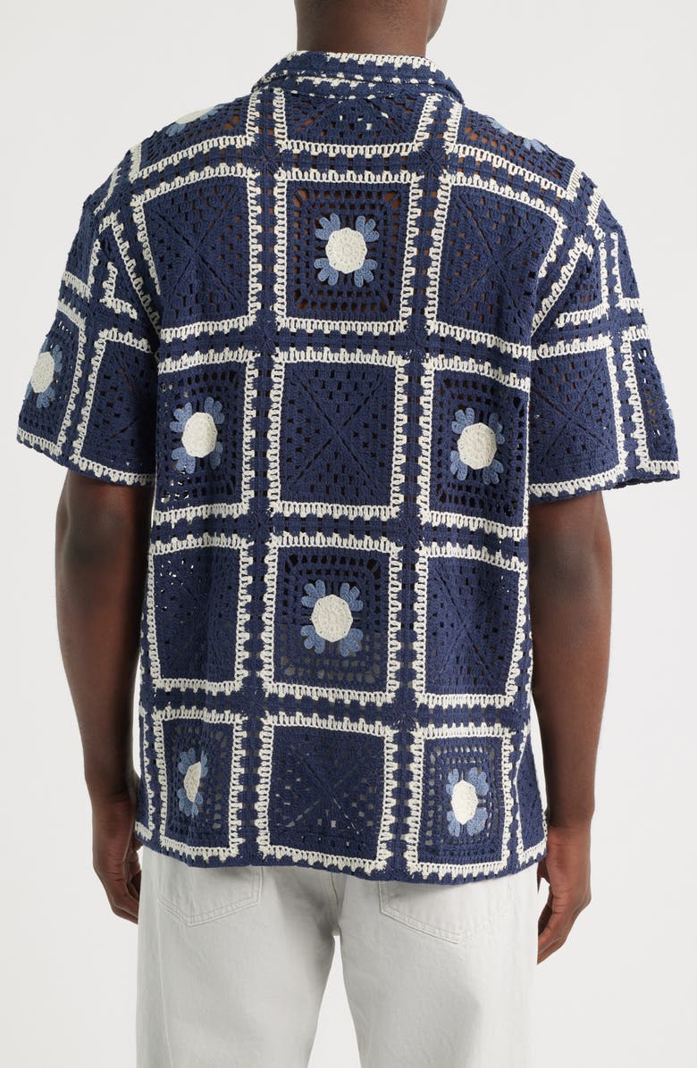 CHÉ Tejer Crochet Camp Shirt, Alternate, color, Navy
