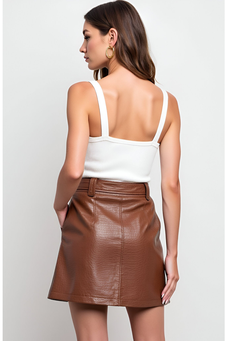 Faux Leather Button-Front Mini Skirt with Belt, Alternate, color, Brown