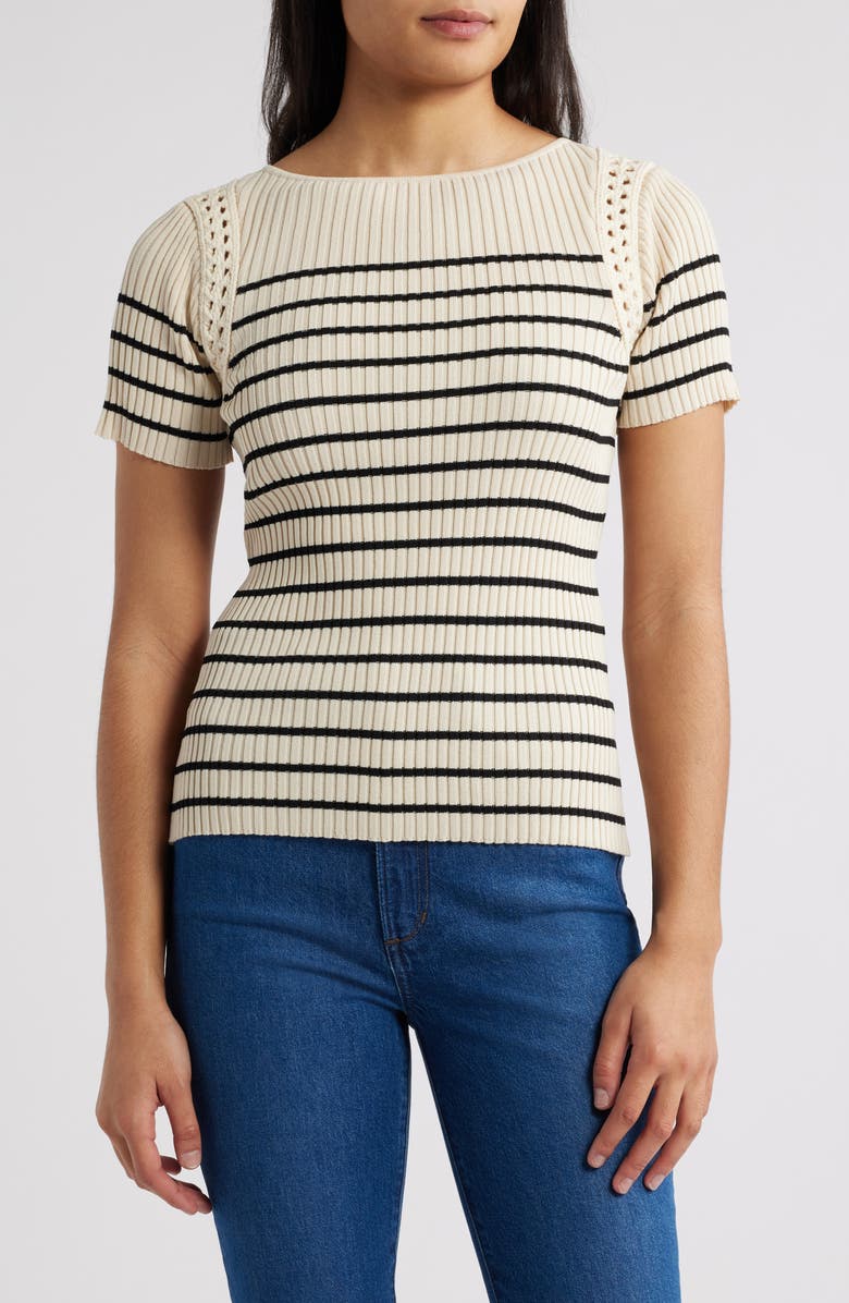 ZOE AND CLAIRE Stripe Crochet Trim Sweater, Main, color, 