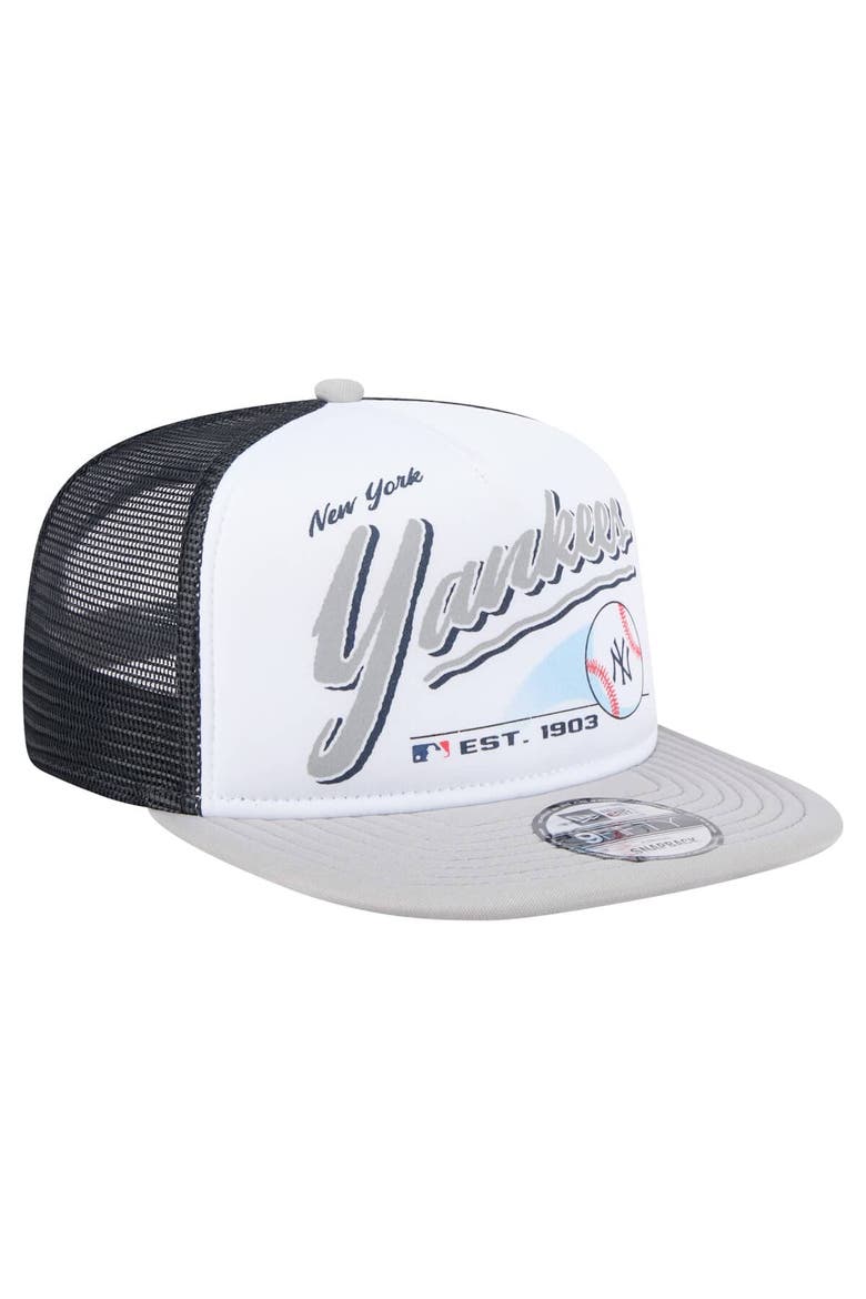 Men's New Era White/Gray New York Yankees Retro Script Trucker 9FIFTY Snapback Hat, Alternate, color, White