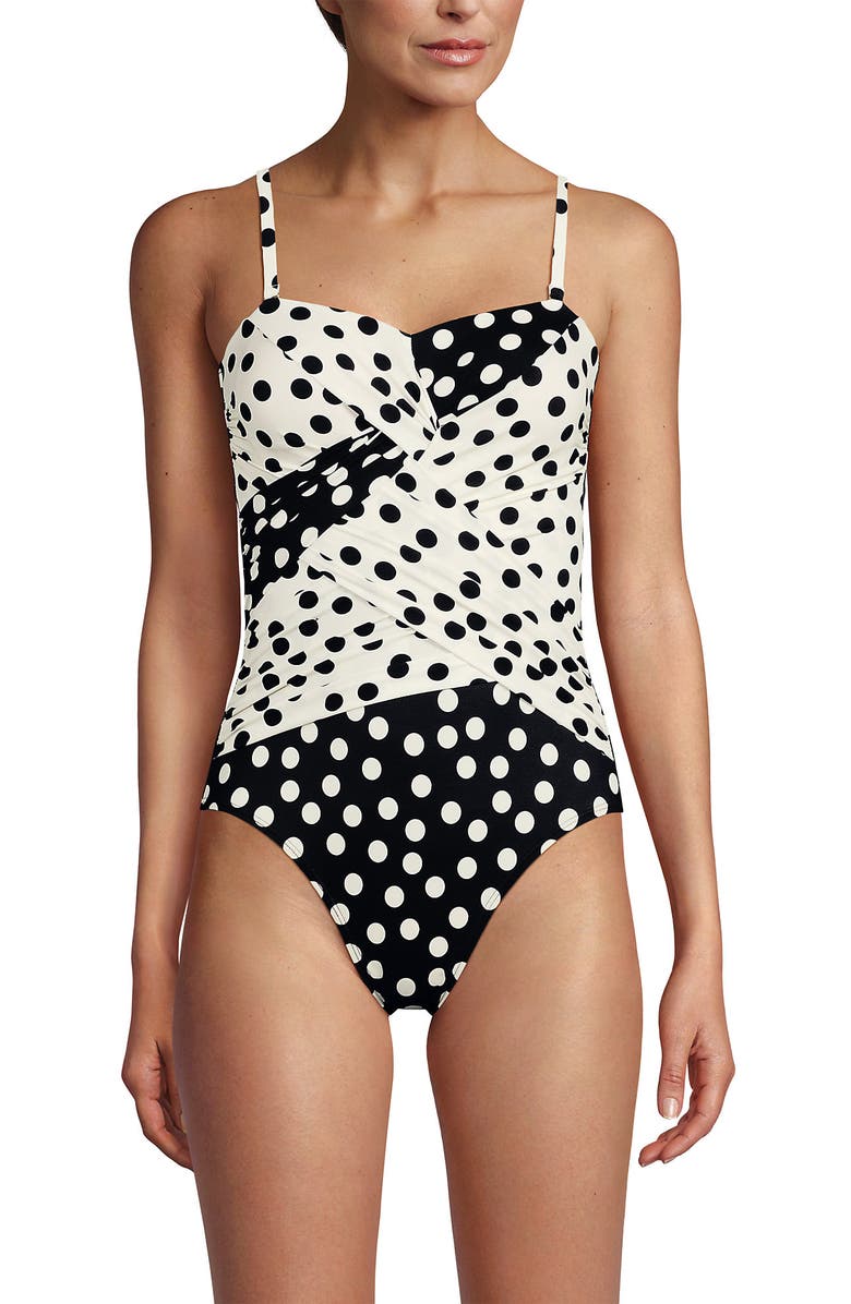 Lands' End Slender Suit Shine Bandeau Tummy Control Chlorine Resistant High Leg One Piece Swimsuit, Alternate, color, Black/Egret Mixed Tossed Dots